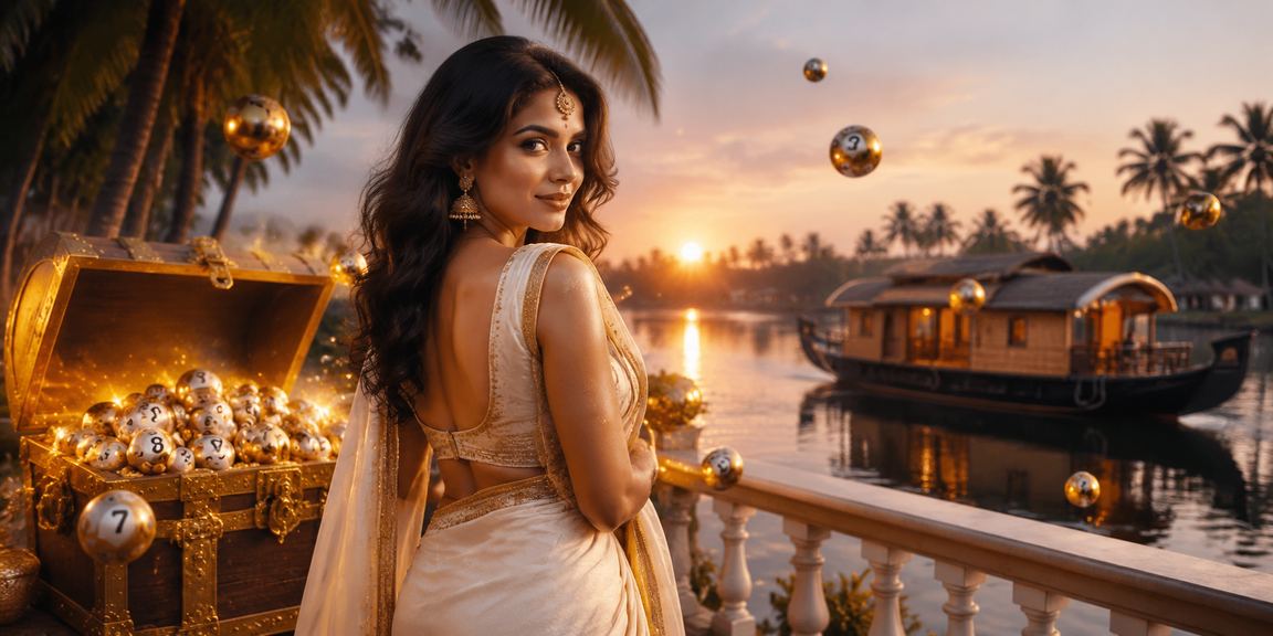 Indian woman playing lottery on mobile device in Kerala backwaters